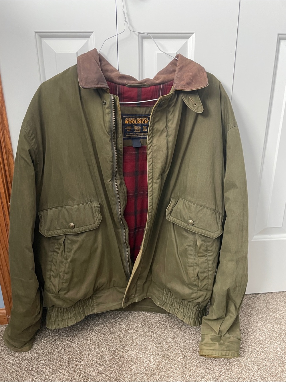 Woolrich Olive Green Canvas Field Jacket with Brown Corduroy Collar